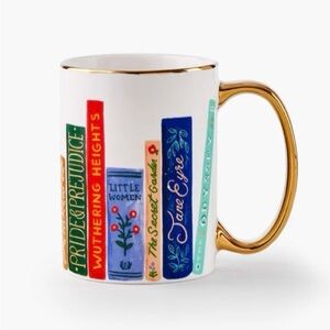 Rifle Paper Co. White Mug with Gold Handle and Multicolored Book Spine Design